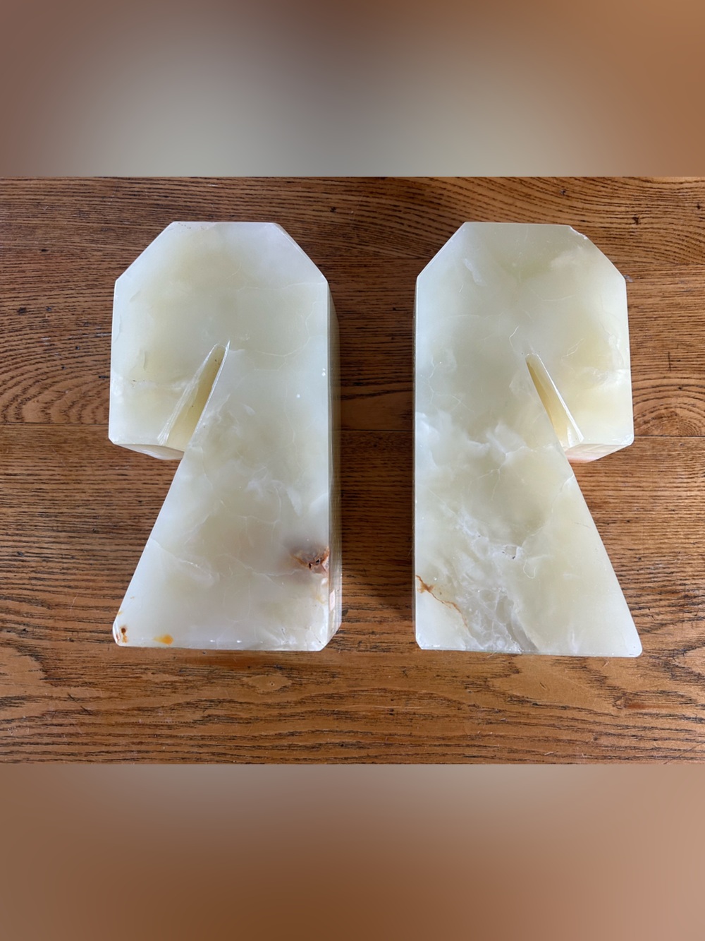 Vintage Pair of Carved Pale Green Onyx Bookends